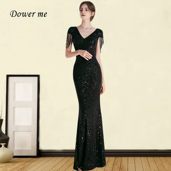 

Black Sequined Evening Dress GK050 Sparkling Mermaid Robe De Soiree V-Neck Short Sleeve Women Party Gown Tassel Formal Dresses