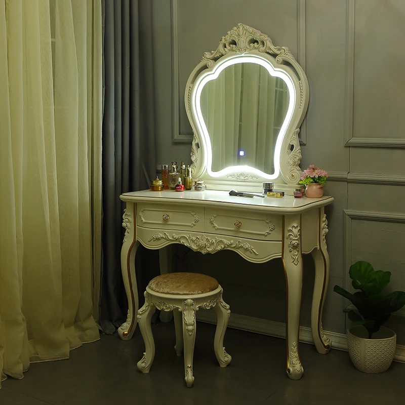 Европейский женский туалетный столик из цельной древесины цвета слоновой кости
