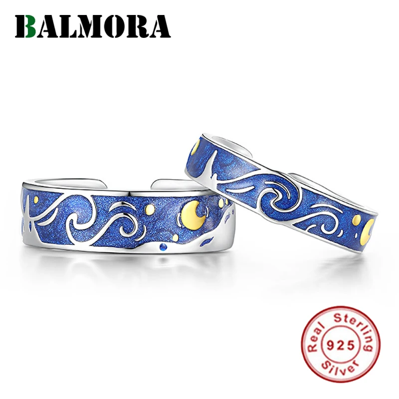 

BALMORA Real 925 Sterling Silver Van Gogh Moon&Star Open Stacking Ring for Women Couple Men Gift Romantic Wedding Bands Jewelry