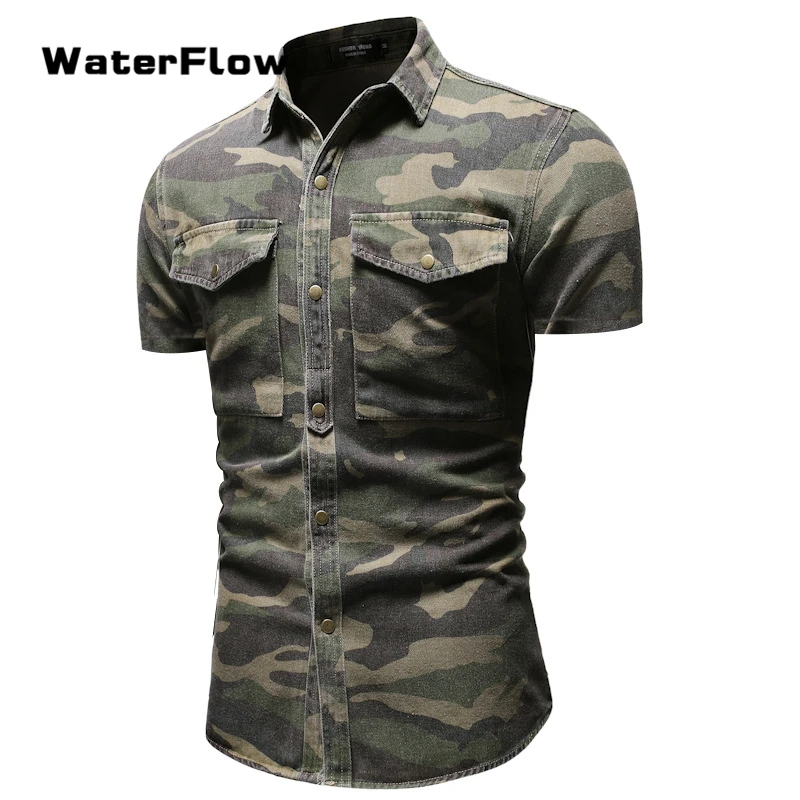 

2019 Camouflag Casual Short Sleeved Men's Shirts Slim Fit Button Shirt Pocket Tactics Man Shirt Male Tops Blouse 3XL Plus Size