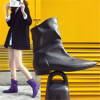 

2020 Spring Slip-On Women Fashion Boots Ankle Short Boots PU Leather Pointed Toe Square Heels Booties Woman Purple Black Gray Be