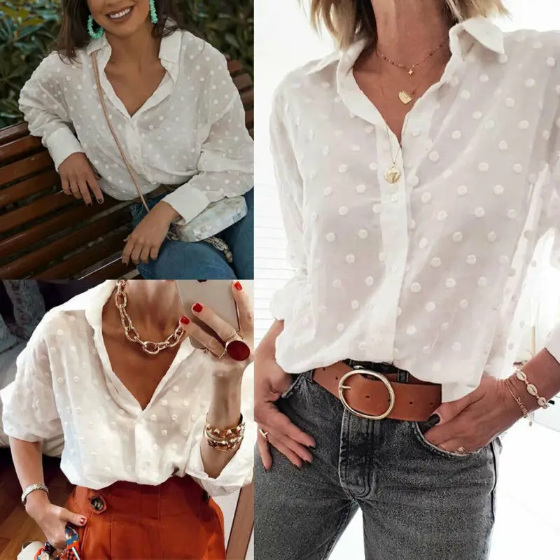 Women Sexy Polka Dot Blouses Ladies V-neck Long Sleeve Shirt Casual Tops Loose Blouse Plus Size Summer Fashion New S-2XL Women Sexy Polka Dot Blouses Ladies V-neck Long Sleeve Shirt Casual Tops Loose Blouse Plus Size Summer Fashion New S-2XL