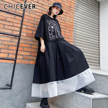 

CHICEVER Patchwork Hit Color Dress Female O Neck Short Sleeve Oversize Loose Print Midi Dresses Women 2020 Summer Fashion New
