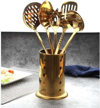 

Gold Utensil Set Titanium Stainless Steel Cooking Tools Shovel Cookware Spoon Spatula Cooker Kitchen Tool Ladle Soup Spoon