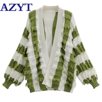 

AZYT Autumn New Tassel Knitted Cardigan For Women 2020 Fashion Striped Patchwork Open Stitch Woman Sweater Coat Knitwear