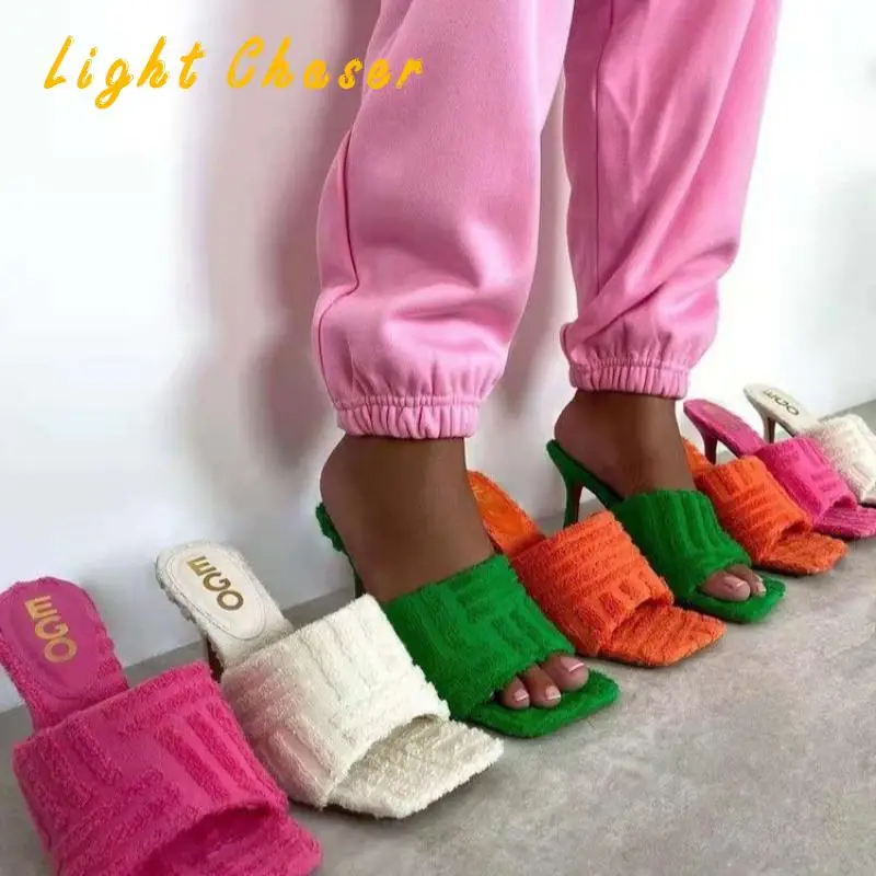 

New Large Size Square Toe Women's Slippers, Stiletto Sexy High Heels Women's Sandals, One-line Flip-flops 36-43 Ladies Slippers