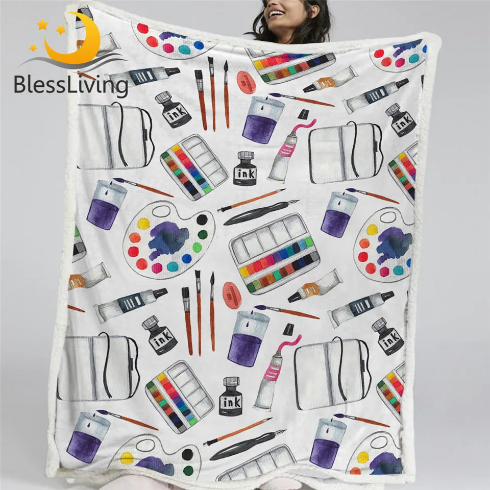 

BlessLiving Art Supplies Linen Blanket Watercolor Bed Blanket Paints Palette Throw Blanket Brushes Ink Plush Blanket 150x200cm
