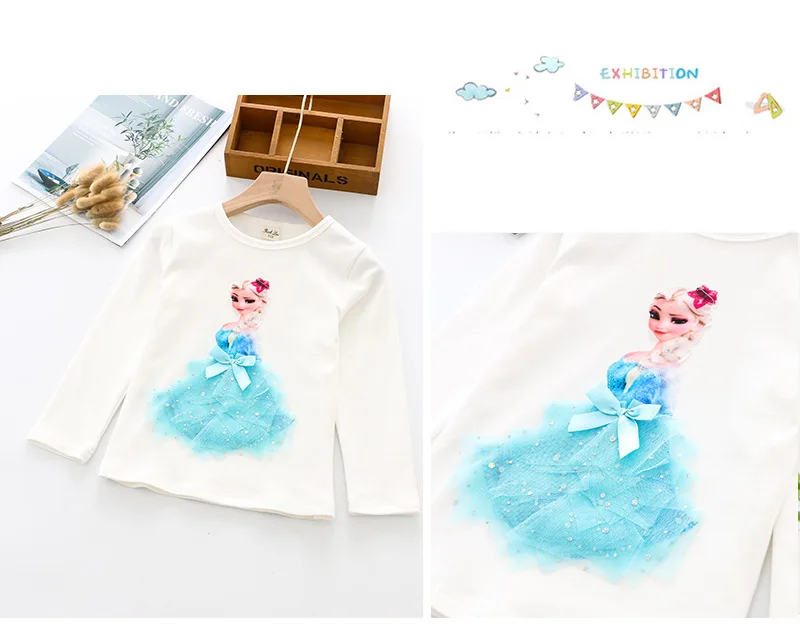 Новая Осенняя футболка принцессы для девочек хлопковые футболки с изображением Эльзы и Анны, Сетчатая футболка детские топы для дня рождения с 3D алмазной аппликацией