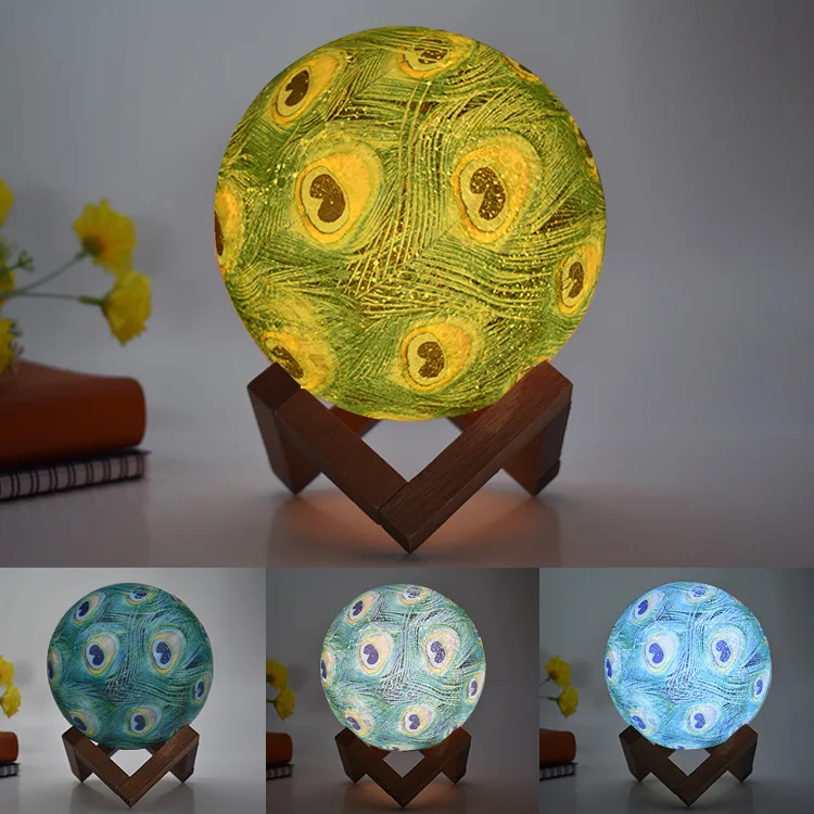 

Amazon Hot Selling Moon Light Children Gift Creative Lamp Coloured Drawing LED Peacock Feather 3D Night Lamp