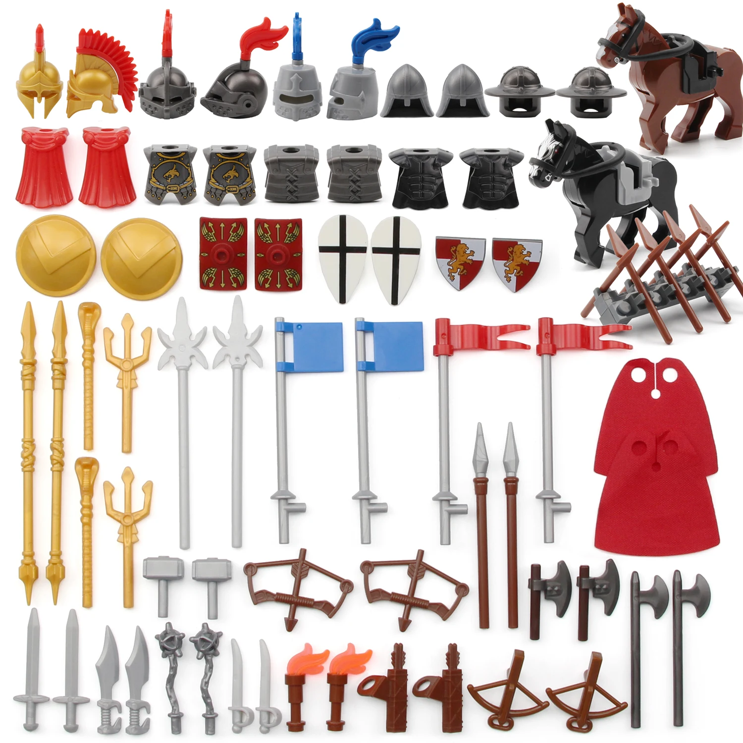 

108 шт., Броня MOC, щит, шлем, плащ, кирпичи, аксессуары, лошадь, средневековый старинный военный комплект оружия, набор строительных блоков, игрушка «сделай сам»
