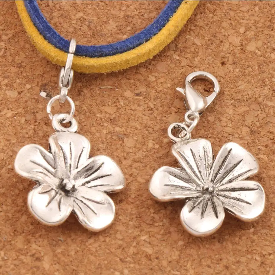 Tropical Plumeria Flower Lobster Claw Clasp Charm Beads 19.5x36.2mm 100pcs Zinc Alloy Jewelry DIY C327