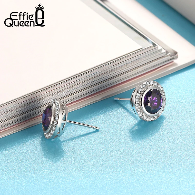 Effie queen 925 пробы серебро Для женщин серьги-гвоздики AAA циркон фиолетовый CZ серьги для свадьбы, помолвки, ювелирные изделия в качестве подарка TSE229