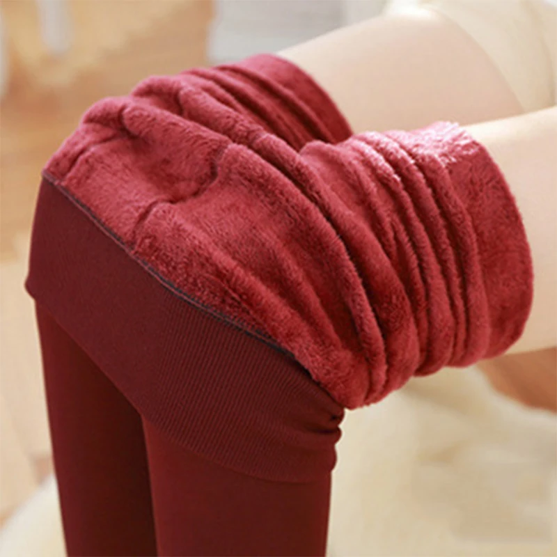 Однотонные теплые шерстяные флисовые леггинсы длиной до щиколотки, женские модные бархатные зимние штаны с высокой талией, женские кашемировые брюки с эффектом пуш-ап - Цвет: Winered