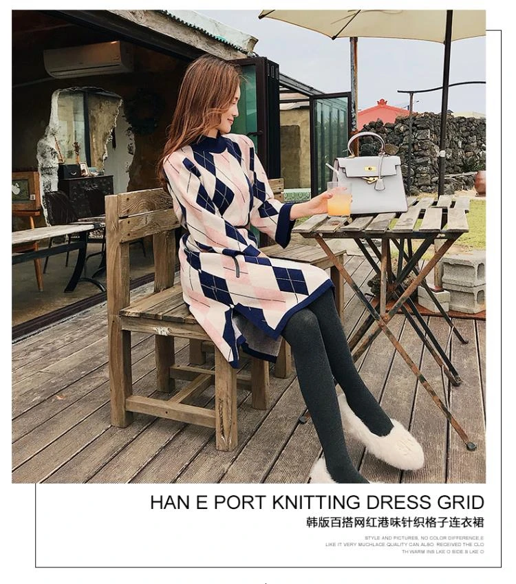 Autumn Winter Women Knitted Split Sweater Dress Hit Color Plaid Thick Long Sleeve Loose Casual Christmas Dress Vestido With Belt