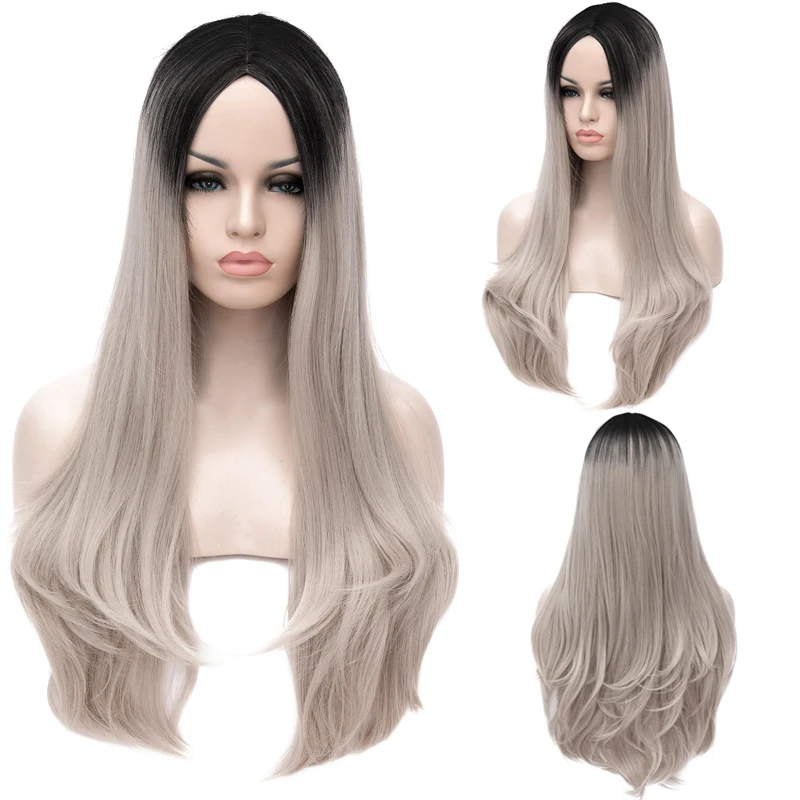 

Gray Long Straight Wigs for Women Synthetic Wig Natural Looking Side Part 150% Density Heat Resistant Fiber for Party & Cosplay