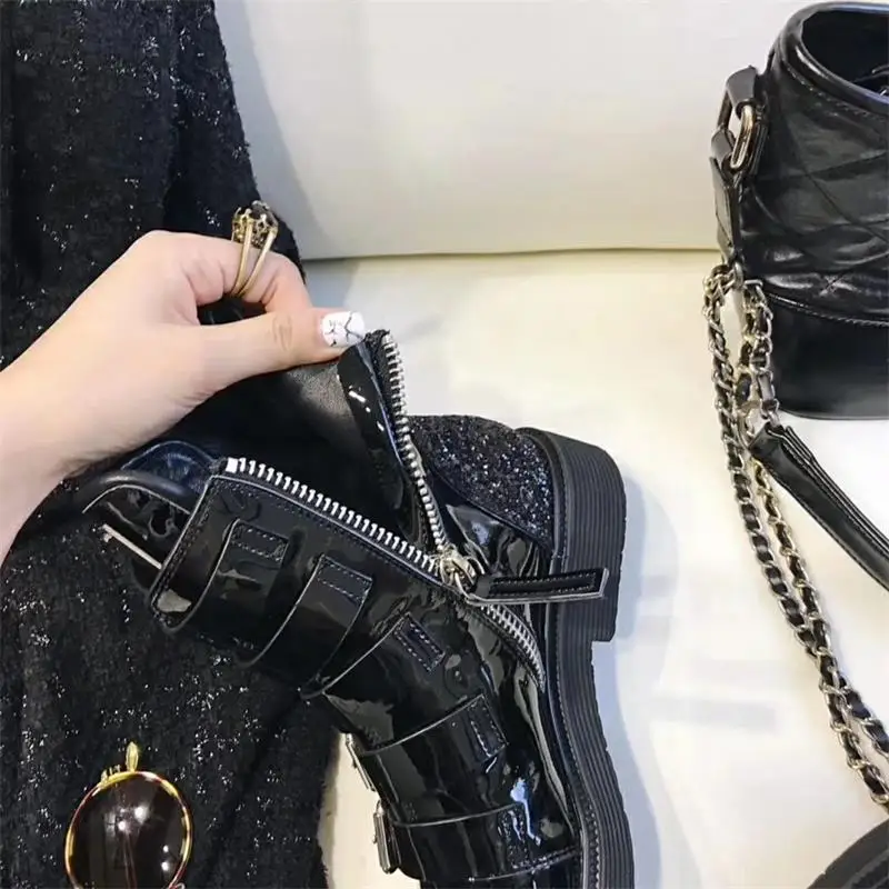 Women Winter Ankle Boots Motorcycle Zipper Black Cool Patent Leather Ladies Shoes Woman Luxury Brand Designer Scarpe Donna