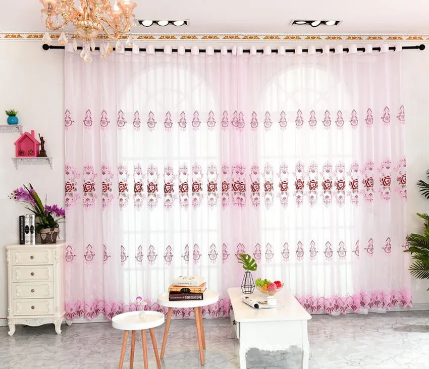 Ready Made Curtain Simple European Flower Embroidery Tulle for Living Room Pink Wedding Home Decor Screens For Bedroom M138#4