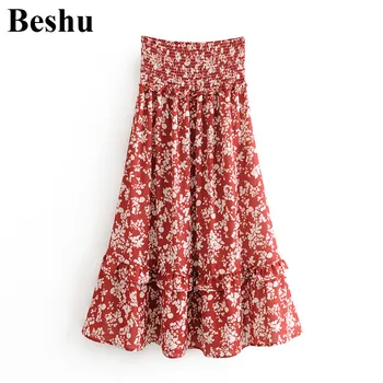 

za 2020 fashion midi skirt women print draped ruffles vacation style skirt female A-line elastic high waist mujer vestidos