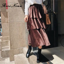 RICININA, винтажная юбка, зимняя, для женщин, Вельветовая юбка, для женщин,, с рюшами, одноцветная, осень, макси, юбка с высокой талией, Jupe Femme Mi Longue