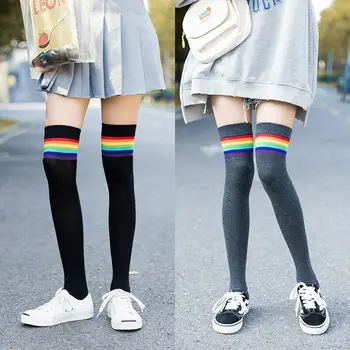 

Rainbow over the knee socks winter rainbow stripes wild street women's socks fashion trend girl ladies
