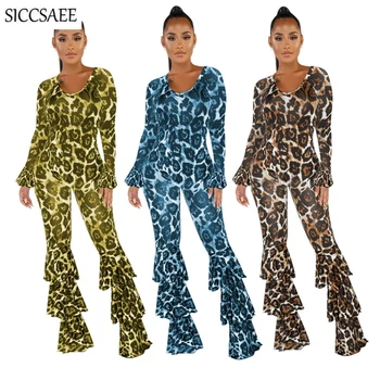 

Leopard Printed Rompers Womens Jumpsuit Bell Bottom Pants Flare Sleeved Overalls Ruffles Sexy One Piece Leotard V Neck Bodysuit