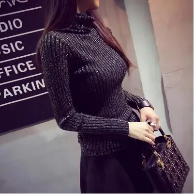 Shiny Lurex Turtleneck Sweater Full Sleeve Super Stretch Burgundy Black Grey Fancy Invisible Stripe Pullover Winter Tops | Женская