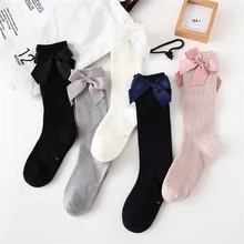 Solid Color Kids Bowknot Socks Cotton Baby Girls Socks Soft Children Long Socks For Children Princess Knee High Socks For Girls