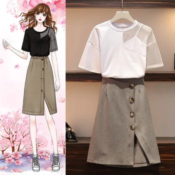 

plus size Summer women two piece set casual hollow out mesh patchwork top and button split skirt set office lady 2 piece set