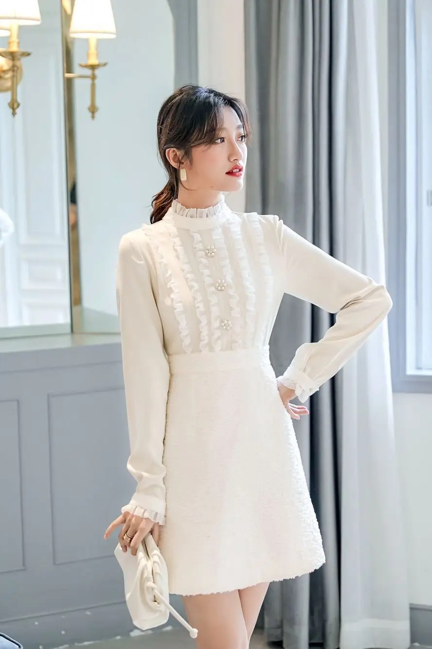 

Industrial Lace 2019 New Style Autumn Clothing Waist Hugging Slimming Graceful Dress Women's Long-Sleeve Bell Sleeve Brushed Ski