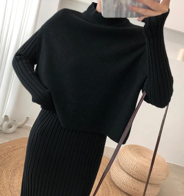 Cena Na drutach kobiecy sweter garnitur dla damski zestaw dwuczęściowy dziergany sweter elegancki Knitting odzież garnitur