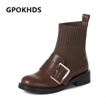 

GPOKHDS 2021 women Ankle boots Cow leather Winter short plush Round Toe Metal Decoration Med heels female Riding boots size 39