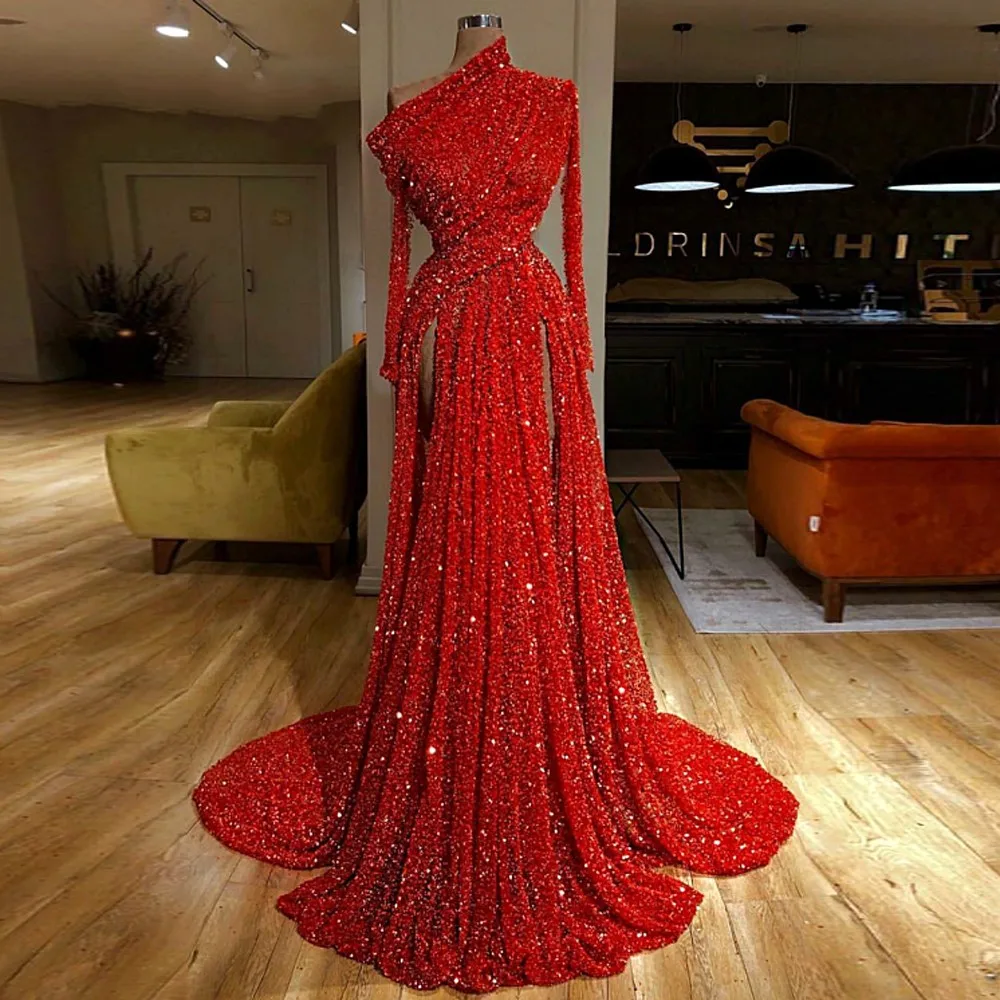 New Red Sequins Prom Dresses 2020 One Shoulder High Split Evening