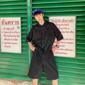 

Summer hip hop Short Sleeve Rompers Male Loose Tooling Jumpsuit Cotton Punk baggy Overalls Men Street dancing bib pants