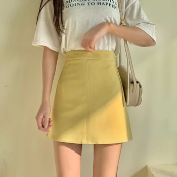 

A-line Mini Short Skirts Women 2020 Spring and Summer Solid Yellow Green Khaki Casual Preppy Skirt