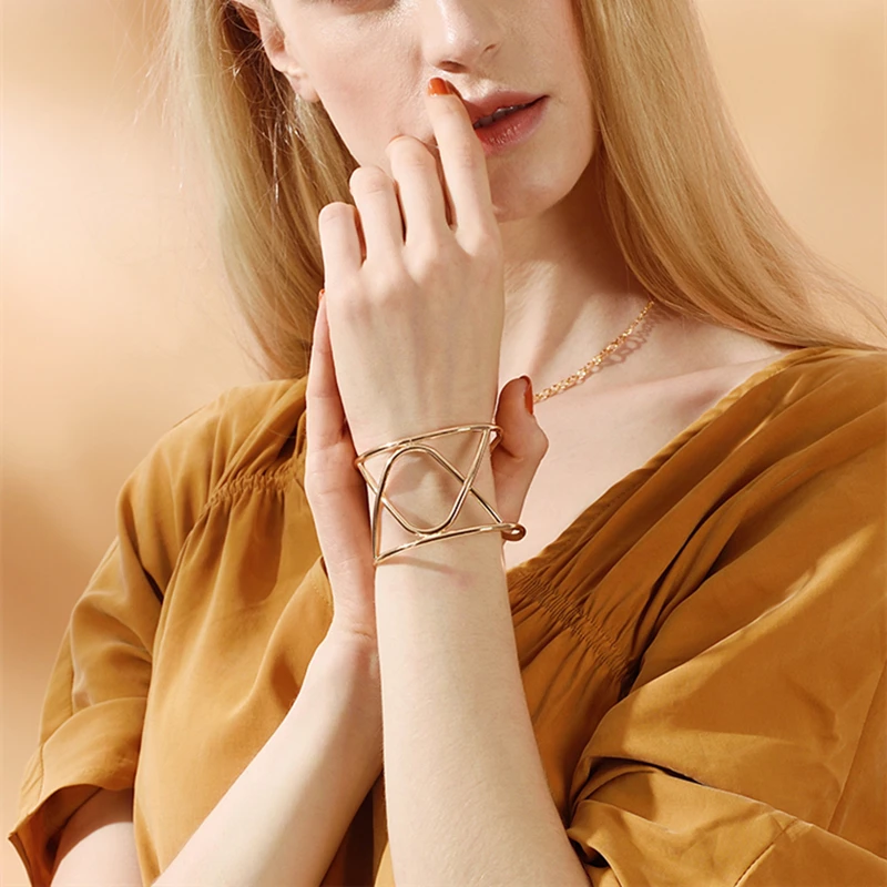 HUANZHI Корейский Золотой серебряного цвета панк выдалбливают широкий открытый Браслет-манжета Гладкий двойной ряд крест браслет для женщин ювелирные изделия подарок