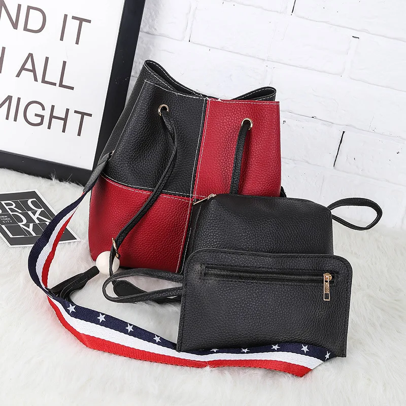 

2017 New Style WOMEN'S Bag Contrast Color Joint Wooden Bead Tassels Different Size Bags Three-piece Set Europe And America Style