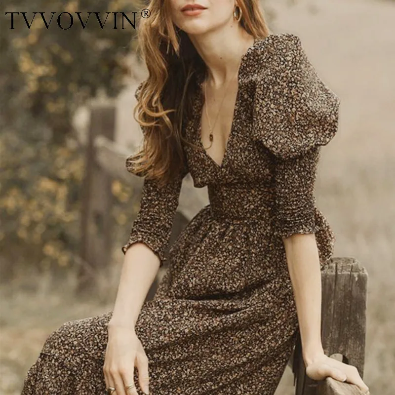 TVVOVVIN, цветочное, эластичное, рукав-пузырь, v-образный вырез, талия, гофрированное, свободное, женское платье, повседневное, простое, модное, осень, новое, X237