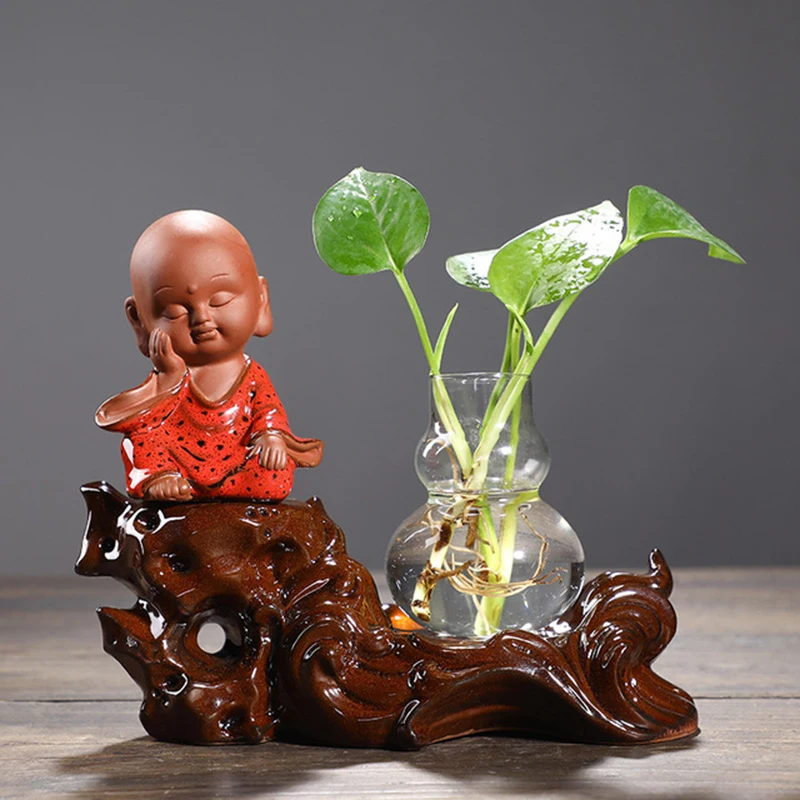 Глазурованная керамика креативный маленький монах со стеклянной вазой чай ПЭТ ваза для гидропоники Террариум Чайный домик украшение дома - Цвет: 4