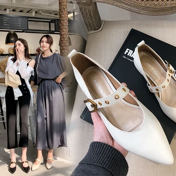

INS HOT women Pumps Genuine Leather 22-24.5cm Cowhide European and American noble Metal buckle Mary Jane shoes 4.5cm pointed toe