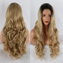 BM глубокая волна синтетический 13*3 парик фронта шнурка темные корни Омбре Золотой Блонд жаропрочное волокно натуральный волос для женщин парики