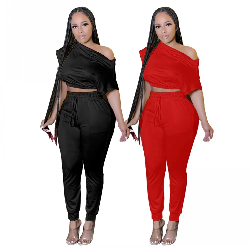 2021 Summer New T-shirt Two Sets Of Womens Inclined Collar Short Sleeve Top + Pantsuit African Fashion Sexy Solid Color Two Sets
