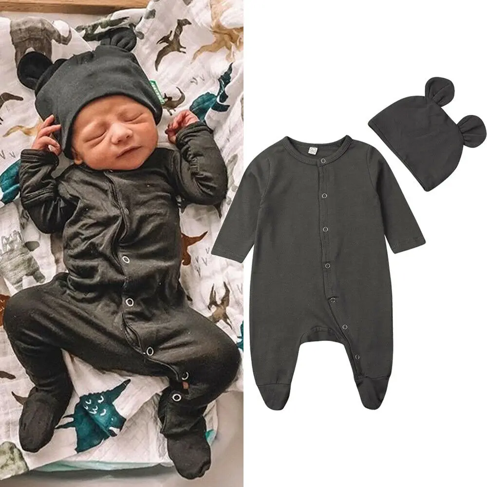Pudcoco/Одежда для новорожденных мальчиков и девочек однотонный однобортный хлопковый комбинезон шапка с длинными рукавами комплект одежды из 2 предметов