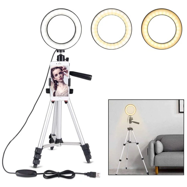 Anillo de luz LED de 6 pulgadas con soporte de trípode para video y  maquillaje de , mini luz LED para cámara con soporte para teléfono  móvil, lámpara LED de escritorio con