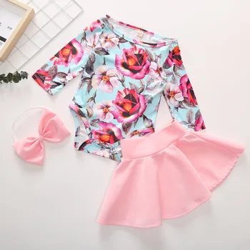 

2020 Spring Cute Baby Girl long sleeve floral romper + pink dress + Headband 3pcs Outfits set