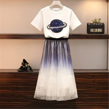 

High Quality New Women Sequins Embroidery Short-sleeved T-shirt+Gradient Mesh Skirt 2 Piece Set Summer Schoolgirl Skirt Suit