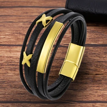 Magnet Stainless Steel Charm Bracelet for Men Genuine Leather Multilayer Braided