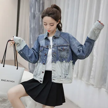 

Autumn Women Plus size Frayed Burr Splice Hit color Hole Denim jacket kurtka jeansowa damska Loose Casual Jean jacket Streetwear