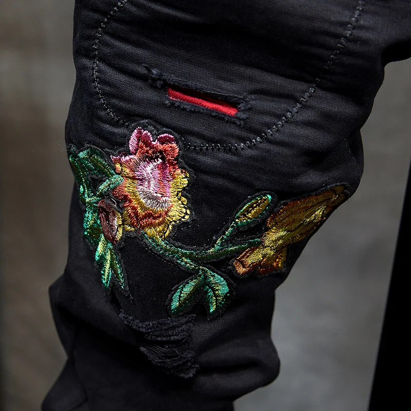 Wind Jean Pantolon Erkek Phoenix Embroidery Jeans Men's Black Slim Small Straight Tube Army Green Hole Red Elastic Overalls