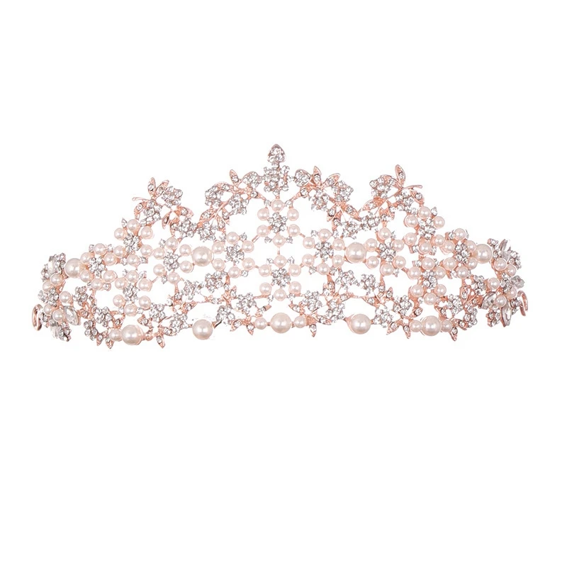 Rose Gold Винтажный свадебный головной убор Принцесса Корона Свадебные аксессуары для волос жемчужные стразы свадебный галстук для волос - Цвет: Rose Gold