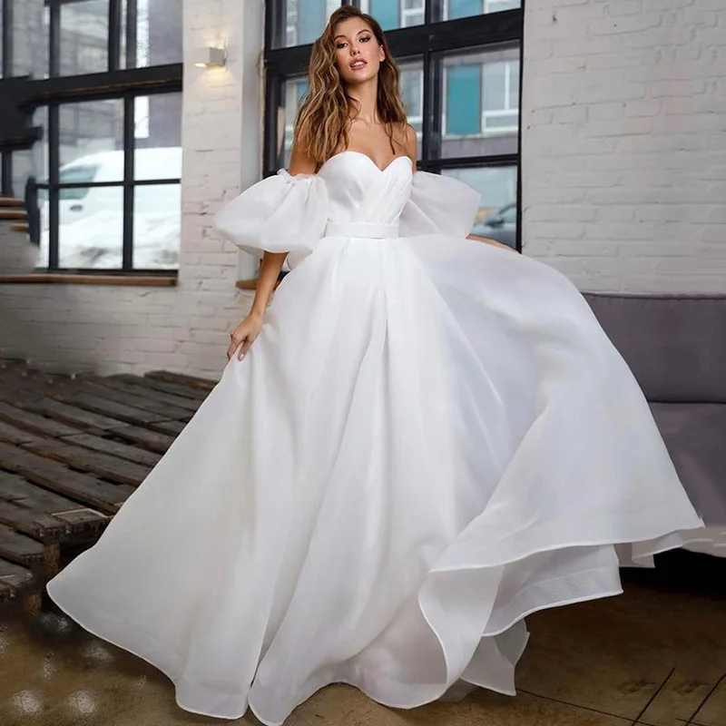 Princess White Wedding Dress Puff Short Sleeve Plus Size